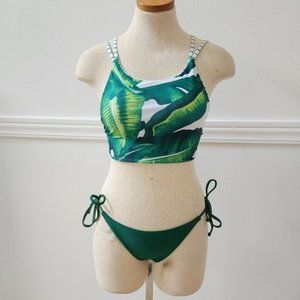 BIKINI Tropical Palm Leaves Green White Strappy set size Small🎈